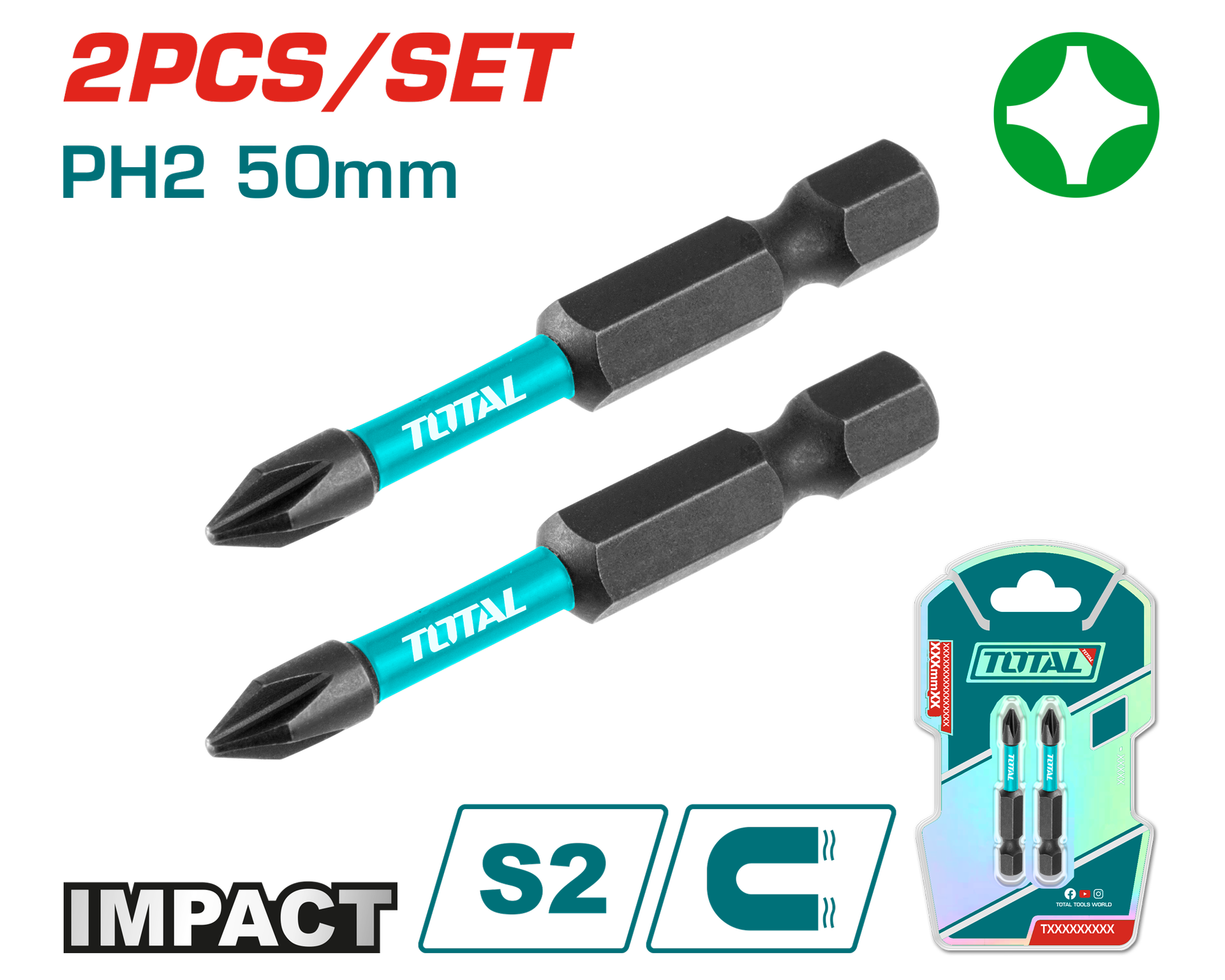 Puntas taladro imantada 50MM (+) (+) juego x 2 pzs industrial super total (TACIM71PH250)