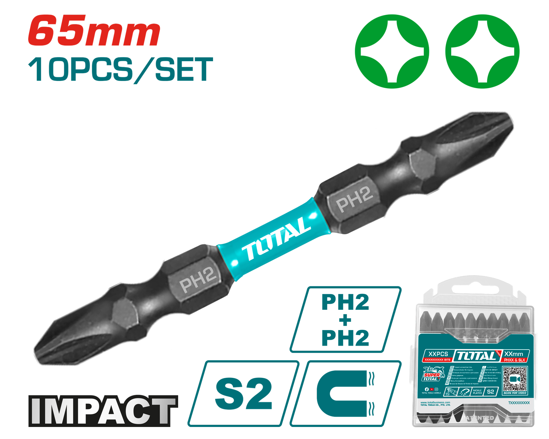 Puntas taladro industrial doble punta imantada 65MM (+) (+) juego x 10 pzs industrial super total (TACIM16PH233)