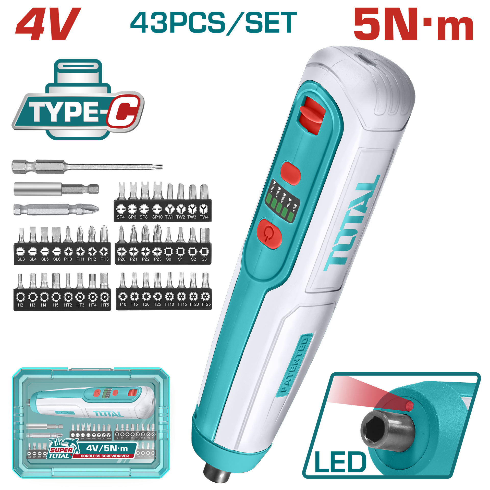 Atornillador inalambrico 4V 5NM caja plastica 43PZS super total (TSDLI04062)