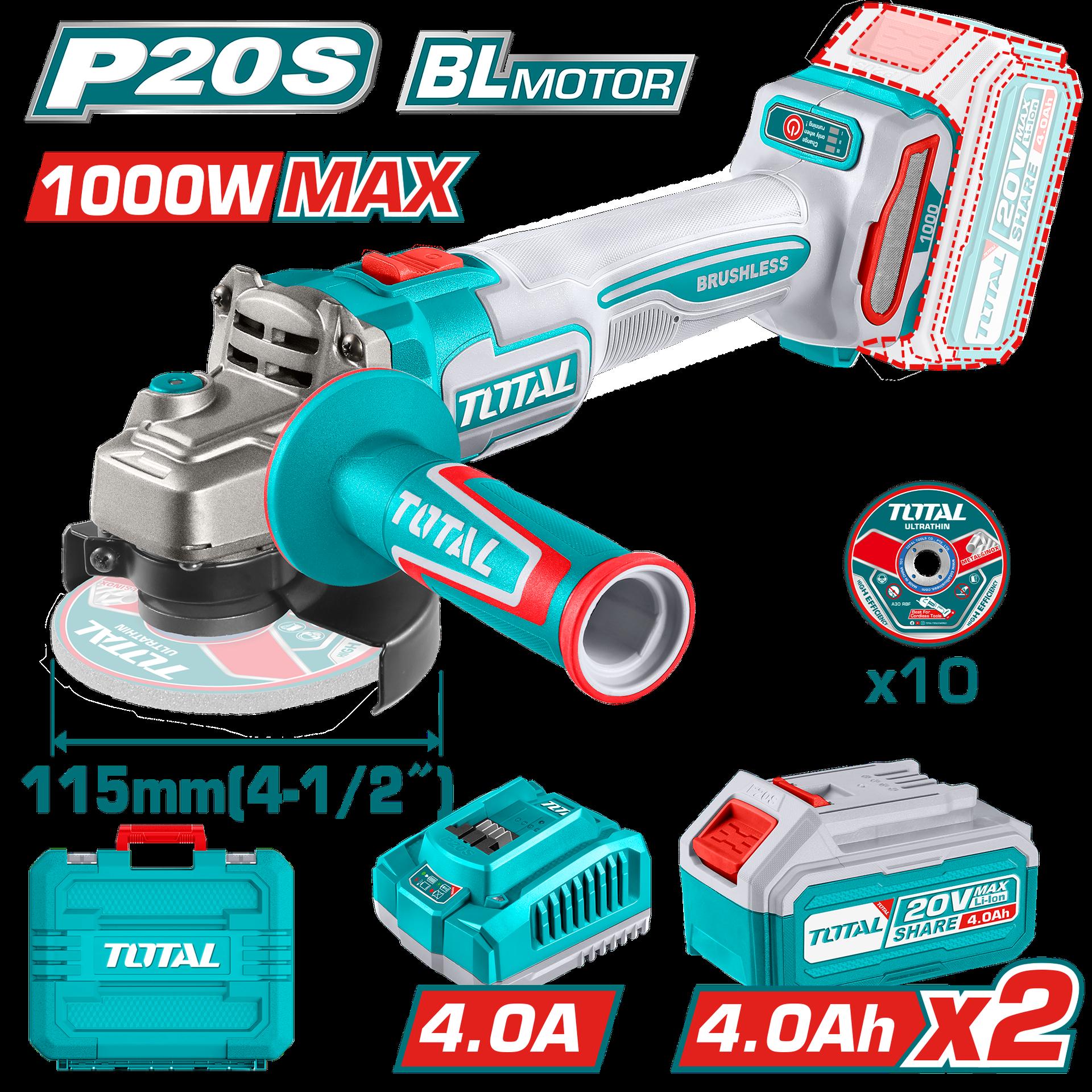 Pulidora inalambrica 4 1/2 industrial 20V 1000W incluye 10 discos para corte de metal 2 baterias 4.0 ah y cargador , motor sin escobillas industrial super total (UTAGLI271532)