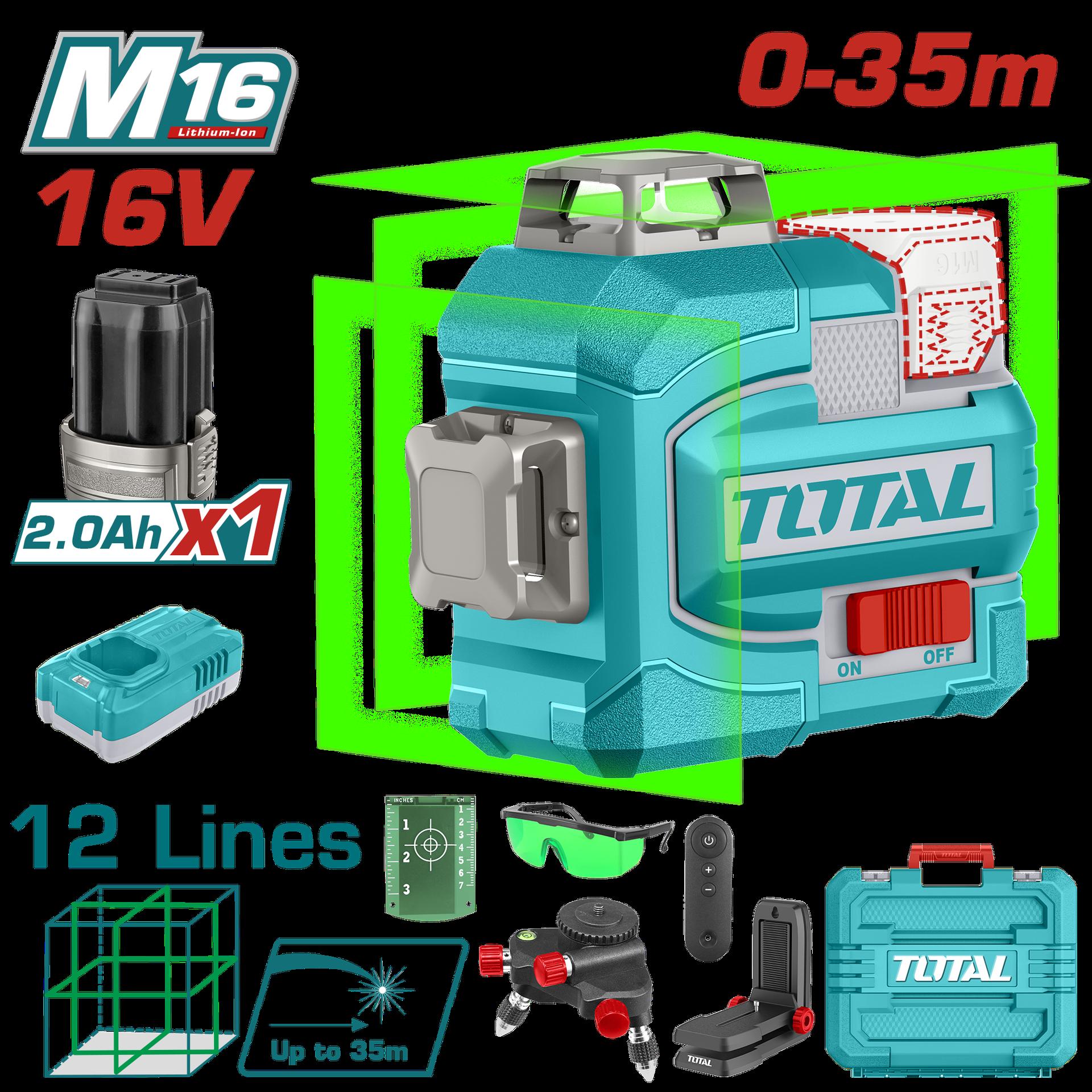 Nivel laser 0-35M luz verde 3D 12 lineas 16V industrial super total (UTLL301201)