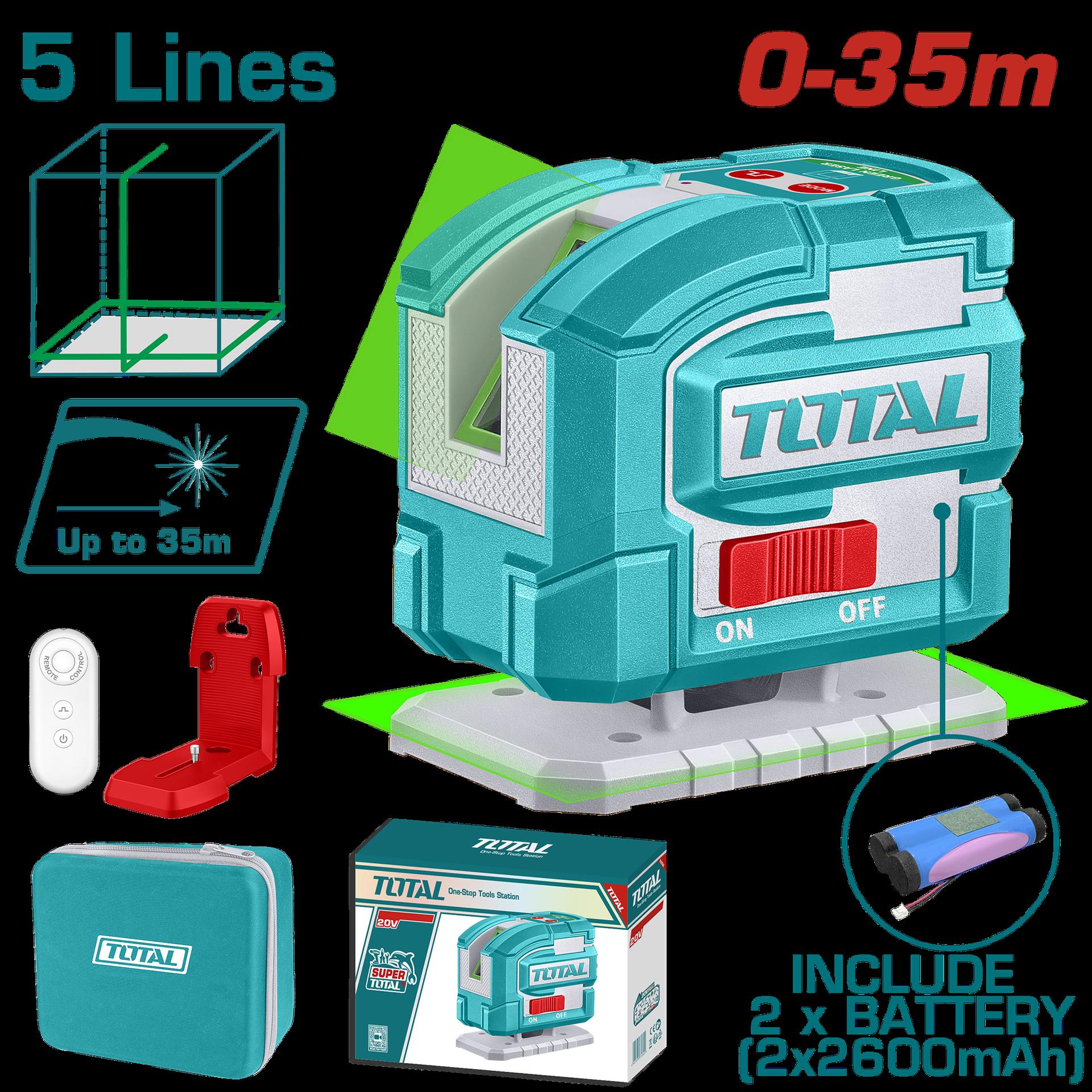 Nivel laser 0-35M luz verde 3D 5 lineas recargable tipo USB-C industrial super total (TLL306502)