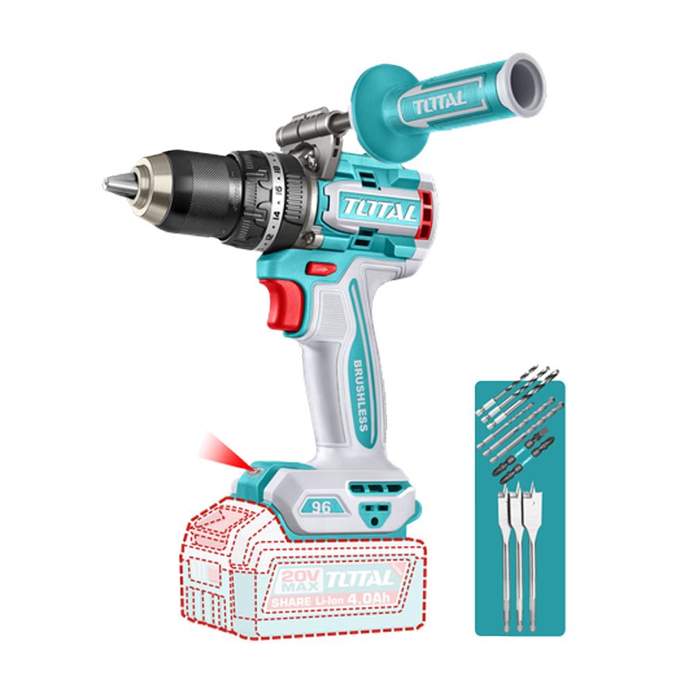 Taladro de impacto inalambrico 1/2 96NM 20V incluye mango auxiliar y 11 accesorios, bateria cargador se vende por separado, industrial super total (TIDLI209685)