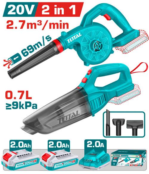 COMBO INALAMBRICO 20V SOPLADORA + ASPIRADORA DE MANO 0,7L INCLUYE 2 BATERIAS 2.0AH Y CARGADOR TOTAL (UTOSLI240999) Item: 23933