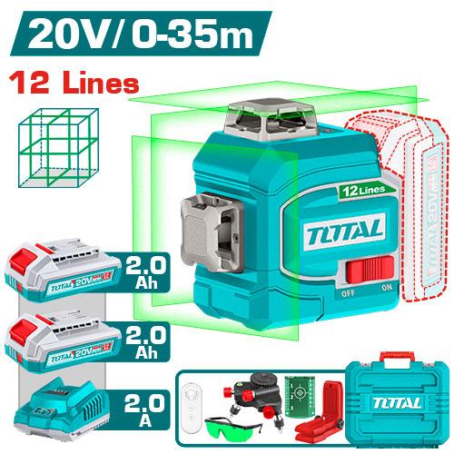 NIVEL LASER 0-35M LUZ VERDE 3D 12 LINEAS 20V INCLUYE 2 BATERIAS 2.0AH Y CARGADOR INDUSTRIAL TOTAL (UTLL3012165) Item: 23767