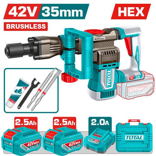 DEMOLEDOR SDS HEX INALAMBRICO 42V 18J INCLYE 2 BATERIAS 2.5AH, 1 CARGADOR Y ACCESORIOS INDUSTRIAL SUPER TOTAL (UTDBLI423582) Item: 23869