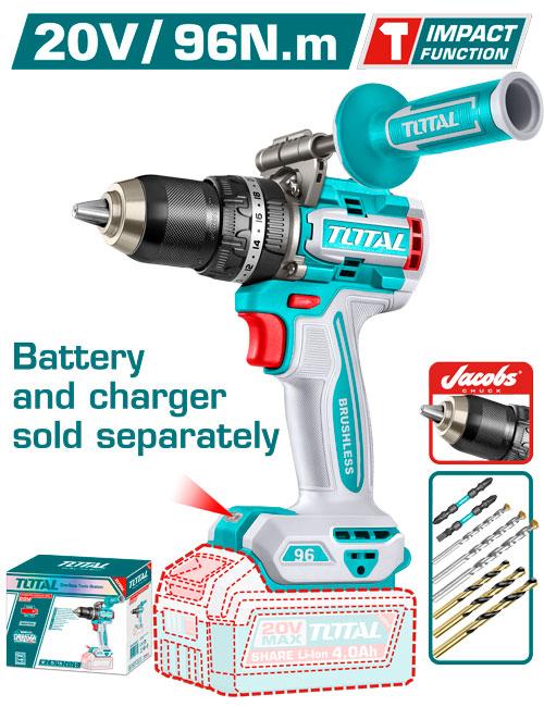 TALADRO DE IMPACTO INALAMBRICO 1/2 96NM 20V INCLUYE MANGO AUXILIAR Y ACCESORIOS, BATERIA CARGADOR SE VENDE POR SEPARADO, INDUSTRIAL SUPER TOTAL (TIDLI209687) Item: 23863