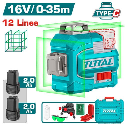 NIVEL LASER 0-35M LUZ VERDE 3D 12 LINEAS 16V INCLUYE 2 BATERIAS 2.0AH RECARGABLE TIPO USB-C INDUSTRIAL TOTAL (TLL301205) Item: 23768