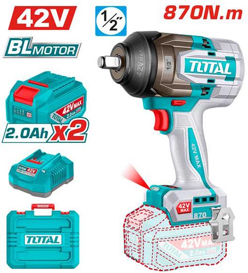 PISTOLA IMPACTO INALAMBRICA 1/2"" 42V 870NM CAJA PLASTICA INCLUYE 2 BATERIA 2.0AH , 1 CARGADOR INDUSTRIAL SUPER TOTAL (UTIWLI42862) Item: 23732