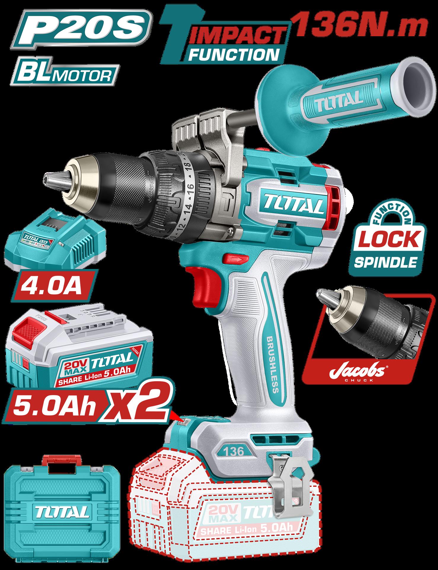 TALADRO INALAMBRICO PERCUTOR 1/2"" 136NM 20V CAJA PLASTICA INCLUYE 2 BATERIAS 20V 5.0AH, 1 CARGADOR INDUSTRIAL SUPER TOTAL (UTIDLI201368) Item: 23685
