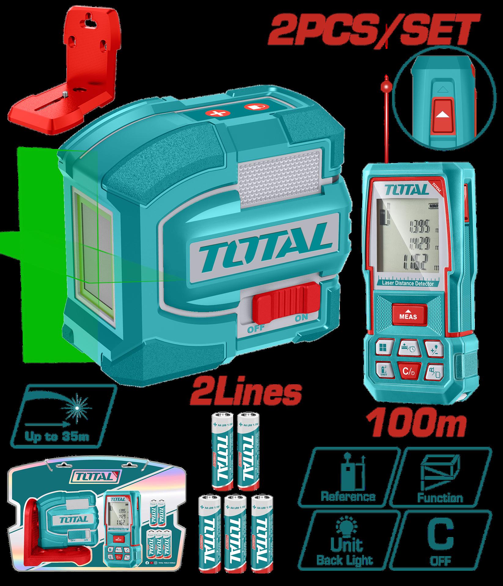 KIT NIVEL LASER 0-35M LUZ VERDE 2 LINEAS + MEDIDOR DE DISTANCIA 100M INDUSTRIAL SUPER TOTAL (TOSLL0502) Item: 23614