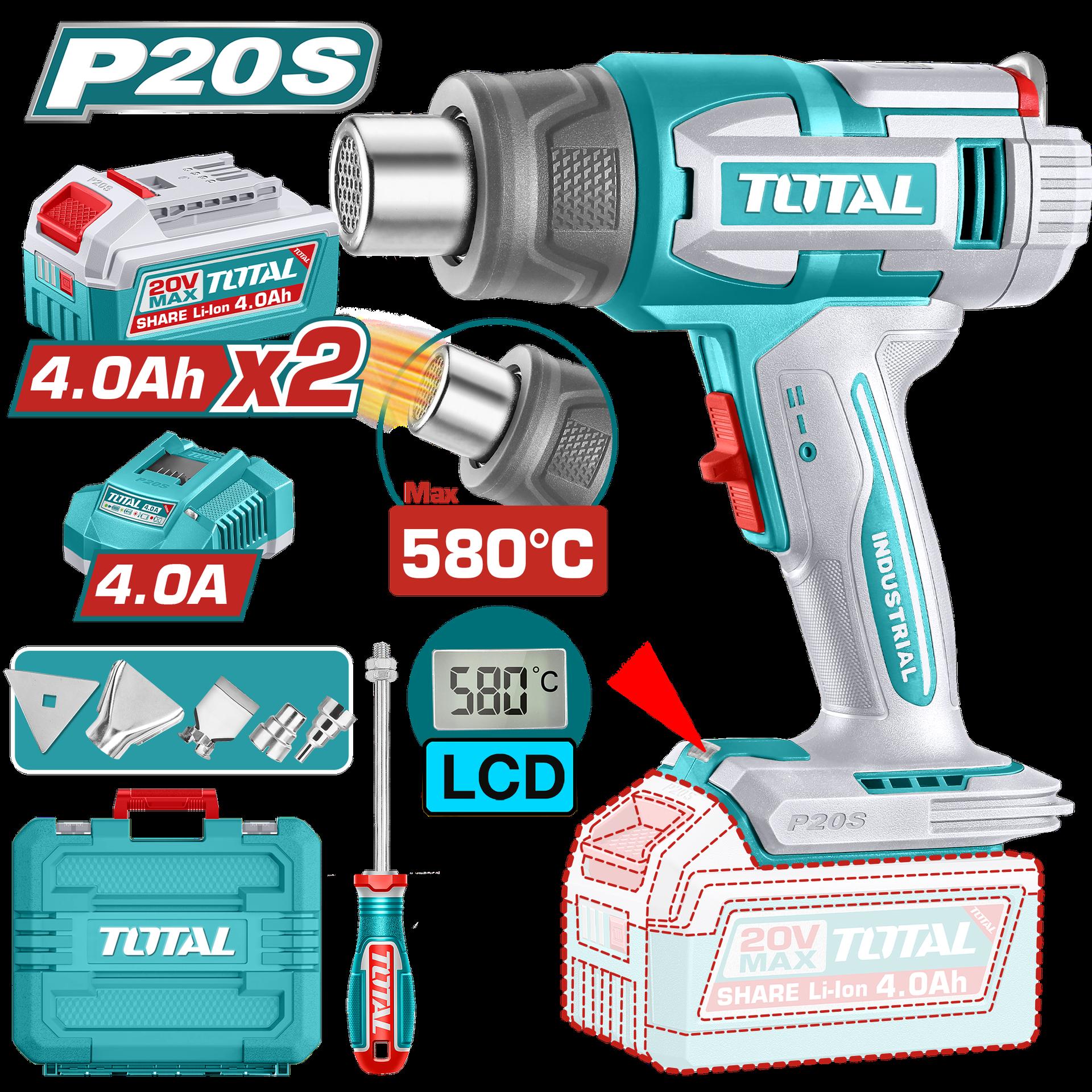 PISTOLA CALOR INALAMBRICA 20V CON TEMPERATURA AJUSTABLE 30-580°C PANTALLA LCD INCLUYE 4 BOQUILLAS 1 RASCADOR + 2 BATERIA 4.0AH Y CARGADOR INDUSTRIAL SUPER TOTAL (UTBLI20582) Item: 23608