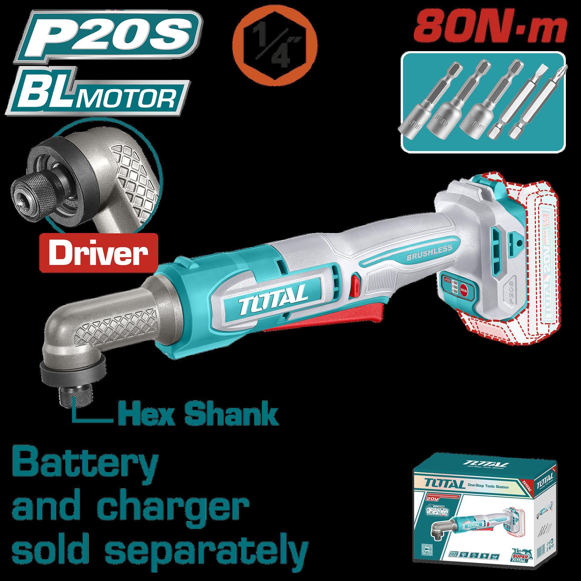 ATORNILLADOR DE IMPACTO DE ANGULO 1/4"" 20V 80NM INCLUYE ACCESORIOS BATERIA Y CARGADOR SE VENDEN POR SEPARADO INDUSTRIAL SUPER TOTAL (TAIRLI2081) Item: 23406