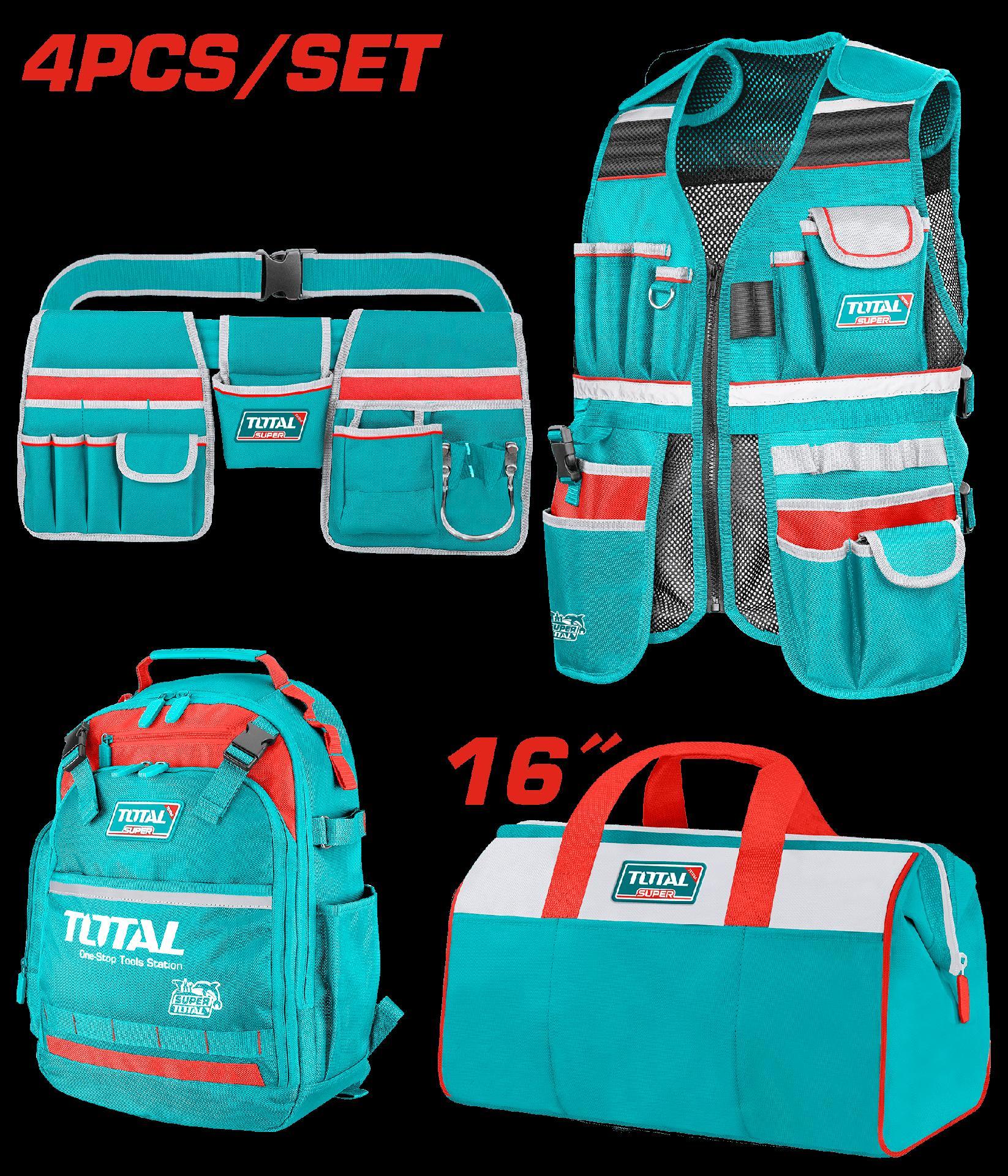 JUEGO DE PORTA HERRAMIENTA X 4 PZS (CHALECO + MALETIN + BOLSO + PORTA HERRAMIENTA) SUPER TOTAL (TOS230912) Item: 23404