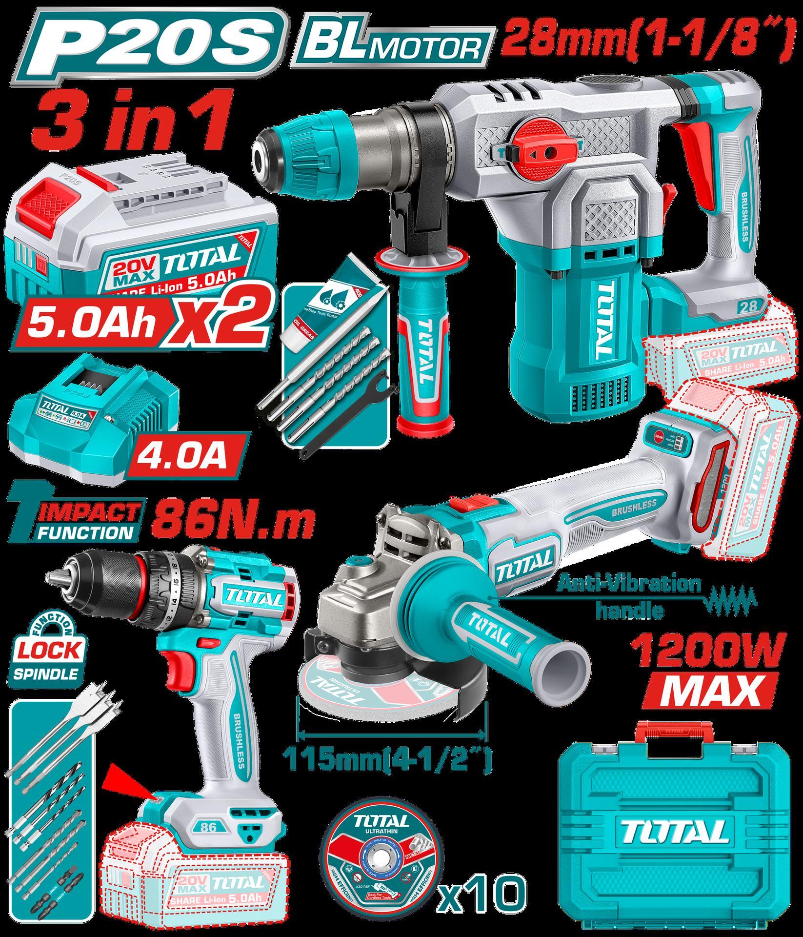 COMBO INALAMBRICO 20V TALADRO PERCUTOR 1/2"" 86NM + PULIDORA 4-1/2"" 1200W + TALADRO ROTOMARTILLO SDS PLUS 1-1/8"" 4.5 JULES + 2 BATERIAS 5.0AH + CARGADOR 4.0AH INCLUYE ACCESORIOS INDUSTRIAL SUPER TOTAL (UTOSLI251195) Item: 23221