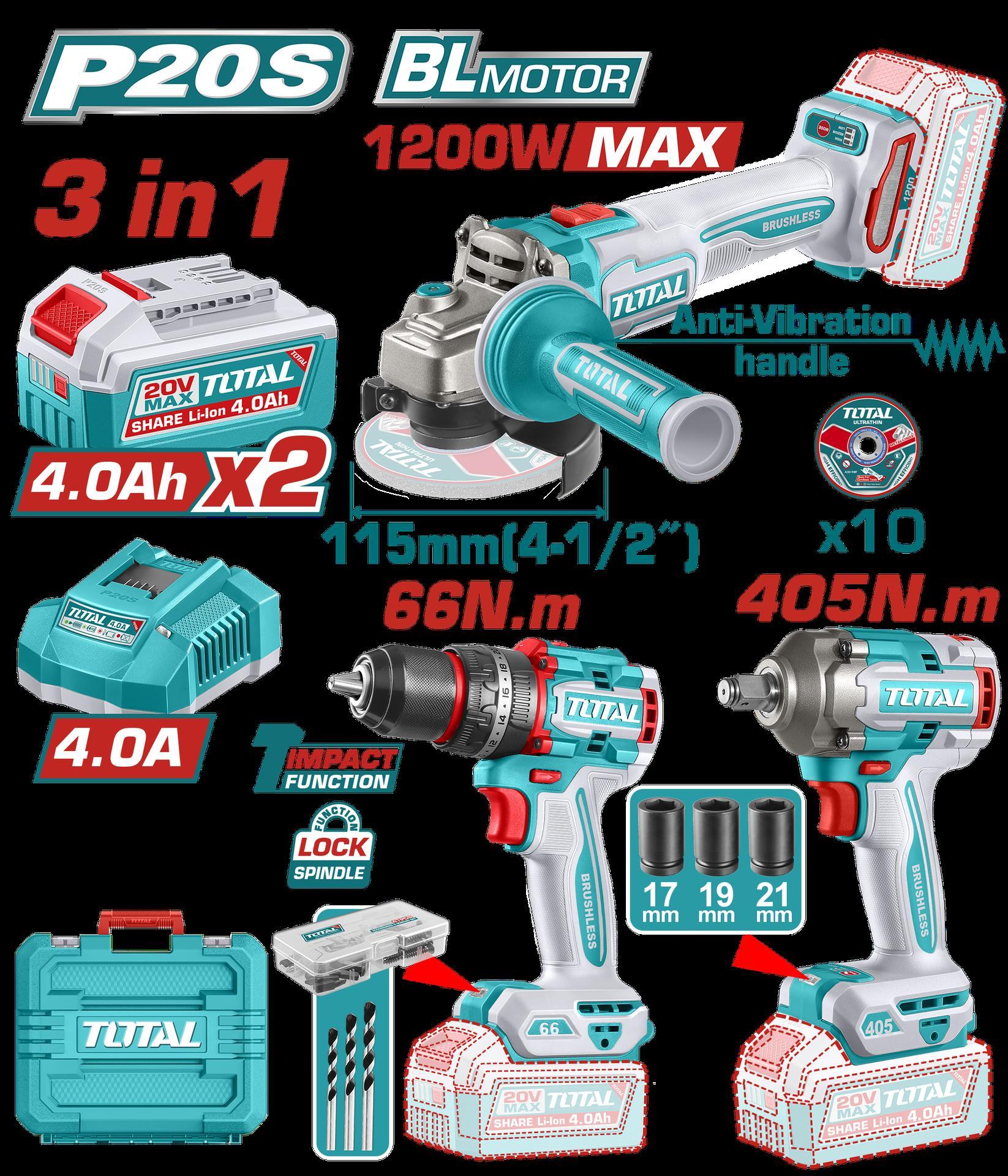 COMBO INALAMBRICO 20V PISTOLA IMPACTO INALAMBRICA 1/2"" 405NM + TALADRO DE IMPACTO 1/2"" 66NM + PULIDORA 4 1/2"" 1200W + 2 BATERIAS 4.0AH + CARGADOR INCLUYE ACCESORIOS INDUSTRIAL SUPER TOTAL (UTCKLI20358) Item: 23212