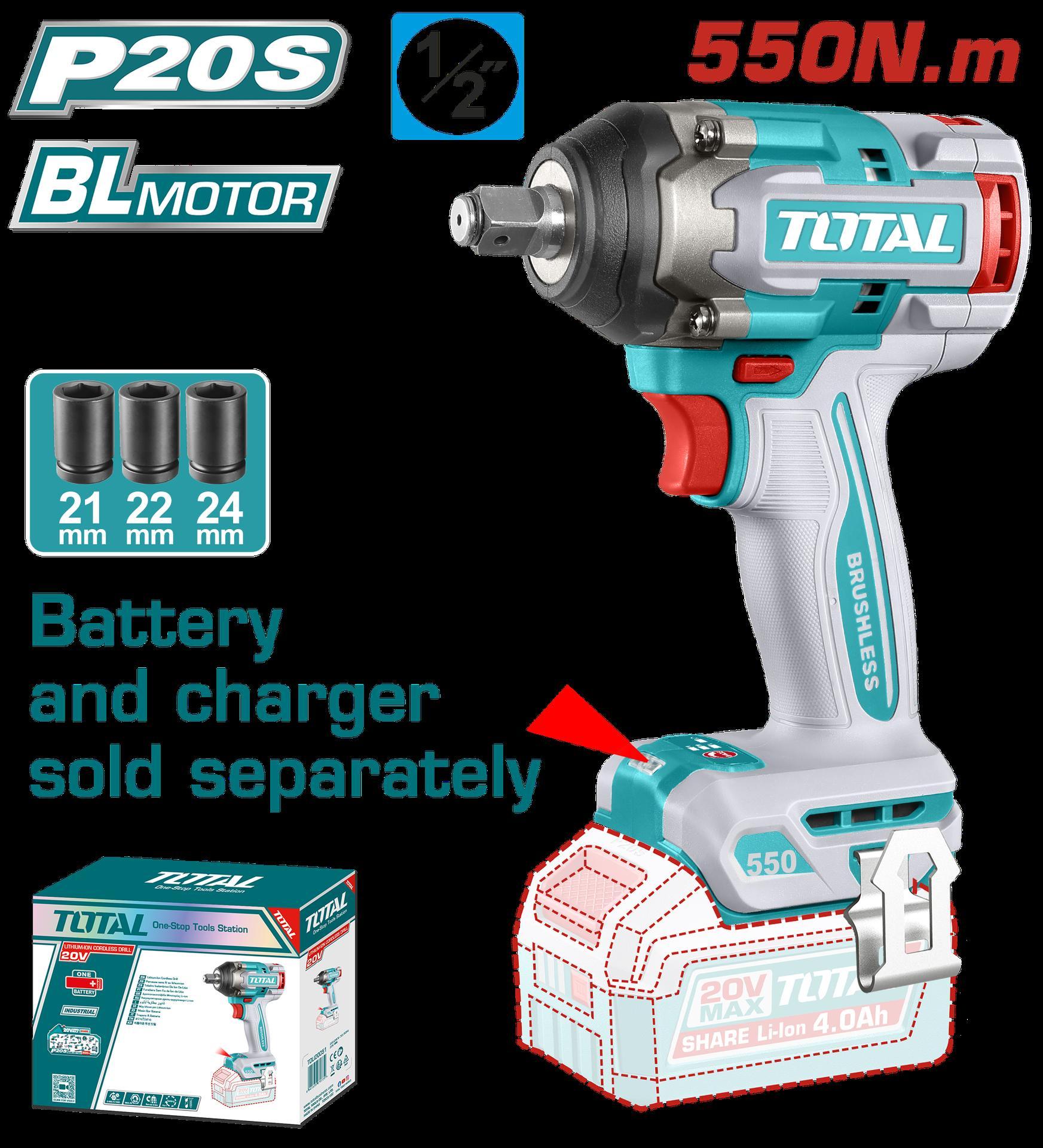 PISTOLA IMPACTO INALAMBRICA 1/2"" 20V 550 NM INCLUYE 3 COPAS 21,22,24 MM, CARGADOR Y BATERIA SE VENDEN POR SEPARADO INDUSTRIAL SUPER TOTAL (TIWLI20551) Item: 23196